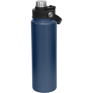 A drink bottle in a navy blue finish with a screw cap and a carry handle. It features a logo on the side.