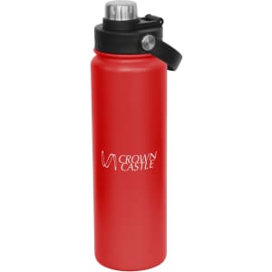 A drink bottle in vibrant red with a black screw cap and a handle. It features a logo on the side.