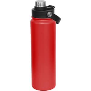 A drink bottle in vibrant red with a black screw cap and a carry handle, featuring a metal top.