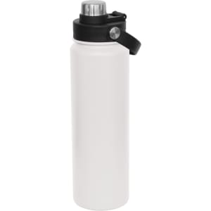 A drink bottle in white with a black screw cap and a carry handle, featuring a logo.