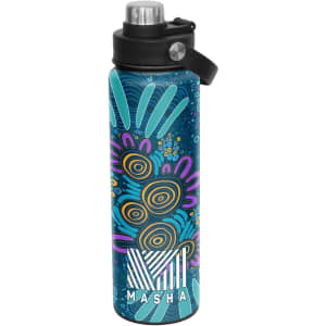 A drink bottle featuring a vibrant blue design with abstract patterns and a screw cap. It includes a logo.
