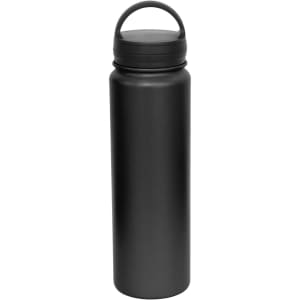 A drink bottle in matte black with a vacuum seal lid and a convenient carry handle. Features a logo.