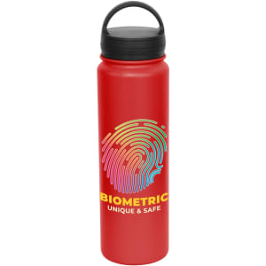 A drink bottle in bright red with a black lid and a colourful fingerprint design. It features a logo.