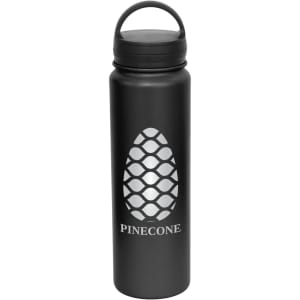 A drink bottle in black, featuring a textured pinecone design and a handle on the lid. It has a logo on the front.
