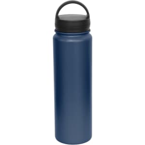 A drink bottle in navy blue with a black carry lid and a sturdy design, featuring a logo on its surface.