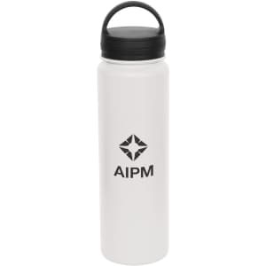A drink bottle in white with a black carry lid and a logo on the front.