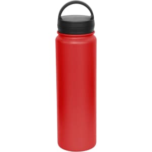 A drink bottle featuring a solid red body and a black carry lid, with a handle for easy transport.