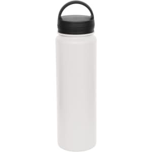 A drink bottle in white with a black lid and handle, featuring a logo.