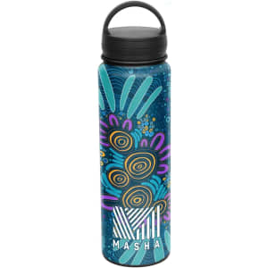 A drink bottle featuring a vibrant blue design with abstract patterns and a black lid. It includes a logo at the bottom.
