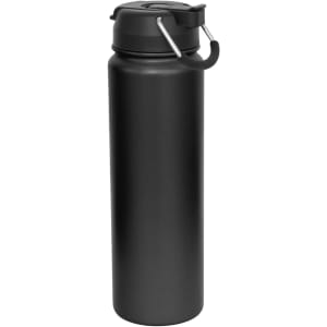 A drink bottle in matte black, featuring a vacuum design and a combo lid with a handle.