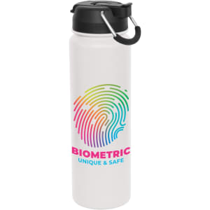 A drink bottle with a white body, black lid, and a multicoloured fingerprint design. It features a logo.