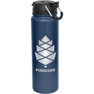 A drink bottle in navy blue with a silver logo and a combo lid, featuring a handle for easy carrying.