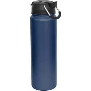 A drink bottle in navy blue with a black lid and a carry handle, featuring a branding logo.