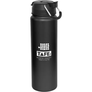 A drink bottle in matte black with a screw lid and a carrying handle. It features a logo on the front.