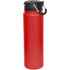 A drink bottle with a sleek design, featuring a bright red body and a black lid with a carrying handle.