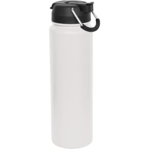 A drink bottle with a sleek white body and a black lid, featuring a carry handle and a logo.