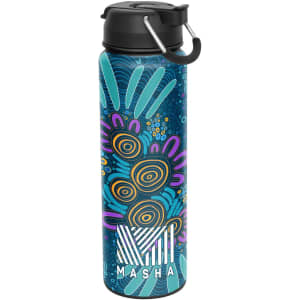 A drink bottle featuring a vibrant blue design with abstract patterns in purple, orange, and green, and a black lid.
