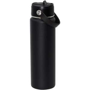 A drink bottle in black with a sleek design, featuring a lid and a handle. It includes a logo on the body.