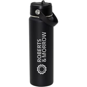 A drink bottle in black with a silver cap and a handle, featuring a logo on the side.