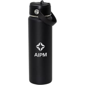 A drink bottle in black with a carrying strap and a logo, featuring a vacuum-insulated design.