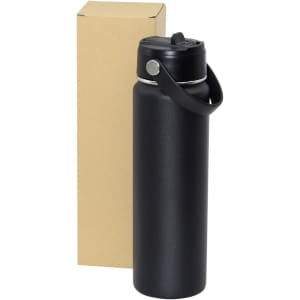 A drink bottle in black, featuring a lid with a handle, alongside a plain cardboard box.