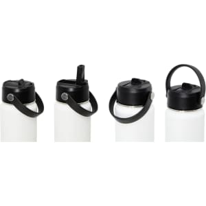 A drink bottle in white with various lid options, featuring a black handle and a branding logo.