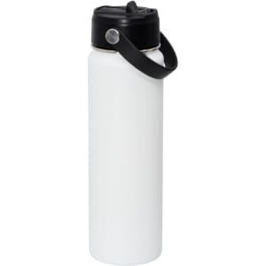 A drink bottle in white with a black lid and handle, featuring a logo on the body.