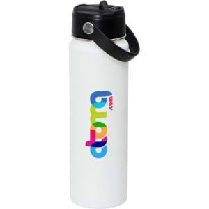 A drink bottle in white with a black lid and a carrying strap. It features a multicoloured logo.
