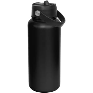A drink bottle featuring a sleek black design, equipped with a spout and a carrying handle. Contains branding.