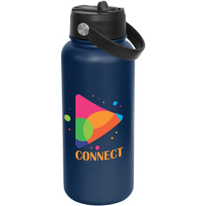A drink bottle in navy blue with a black spout lid and a logo design in vibrant colours.