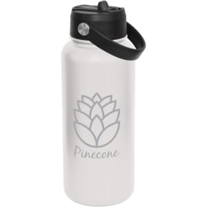 A drink bottle in white with a black lid and handle, featuring a logo design. Ideal for hydration on the go.