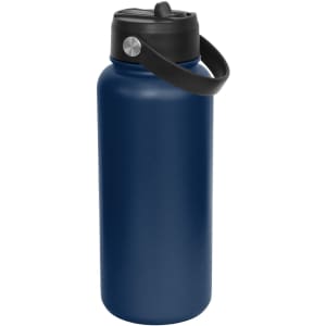 A drink bottle in navy blue with a black spout and a carrying handle. It features a logo on the body.