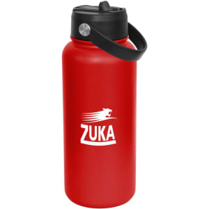 A drink bottle in bright red with a black spout and carrying handle. It features a logo on the side.