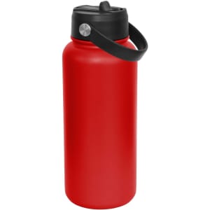 A drink bottle in red with a black lid and handle, featuring a logo on the body.
