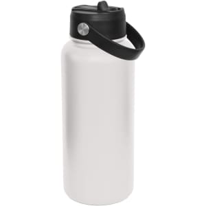 A drink bottle in white with a black spout lid and handle, featuring a logo on the side.