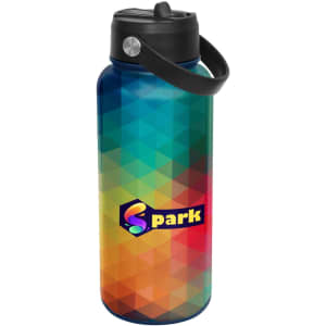 A drink bottle featuring a gradient design in teal, blue, orange, and red, with a black lid and handle.