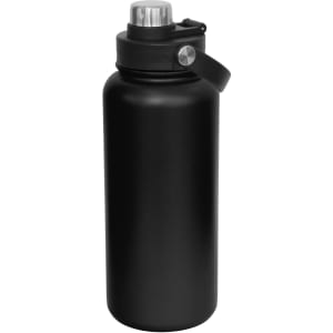 A drink bottle with a sleek black finish and a screw cap lid, featuring a carrying handle and a branding logo.