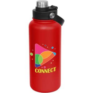 A drink bottle in red with a screw cap and a logo featuring a colourful geometric design.