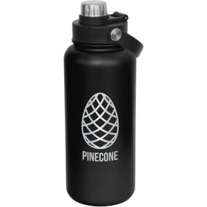 A drink bottle in matte black featuring a screw cap and a logo, designed for keeping beverages secure.