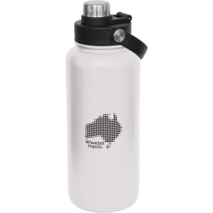 A drink bottle in white with a black screw cap, featuring a logo and an outline of Australia.