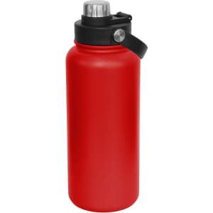A drink bottle with a red matte finish, featuring a black screw cap and a carry strap. It has a logo on the side.