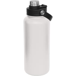 A drink bottle in matte white with a black screw cap and a metal top, featuring a logo.