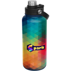 A drink bottle featuring a vibrant geometric pattern in blue, green, and red hues, with a screw cap and a logo.
