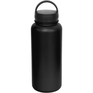 A drink bottle in matte black, featuring a screw-on lid and a carrying handle. It has a logo on its body.