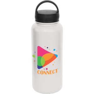 A drink bottle in white with a black carry lid, featuring a colourful logo design.