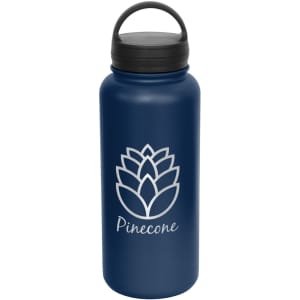 A drink bottle in navy blue with a black lid and a logo featuring a floral design.