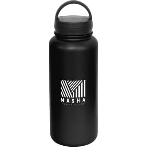 A drink bottle in matte black featuring a handle and a logo on the front.