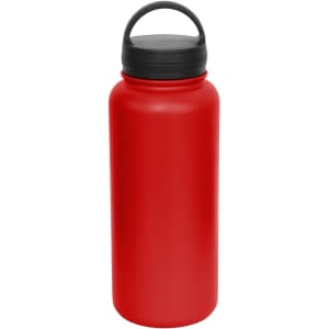A drink bottle in vibrant red with a black carry lid and handle, featuring a simple design.