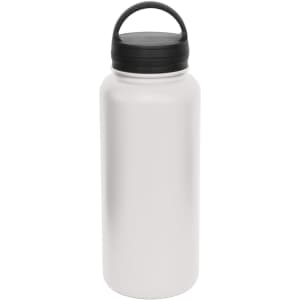 A drink bottle in matte white with a black lid and handle, featuring a logo. Ideal for carrying liquids.