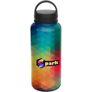 A drink bottle with a geometric pattern in blue, green, orange, and yellow, featuring a lid and a logo.